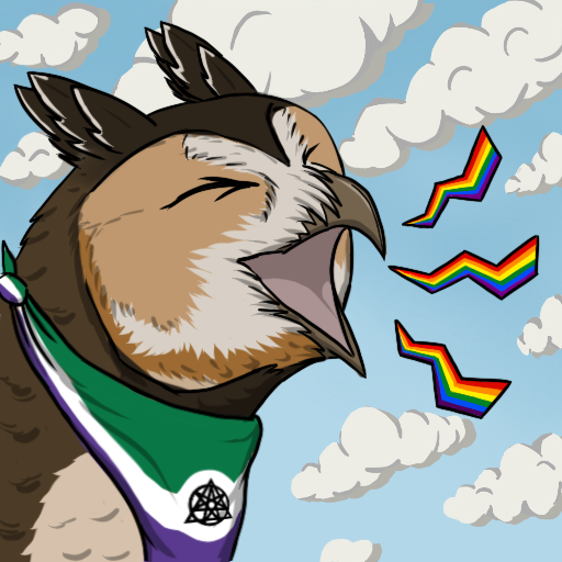 Hortense. Long-earred owl wearing the alterhuman flag as a bandana and screaming rainbow-colored squiggles.