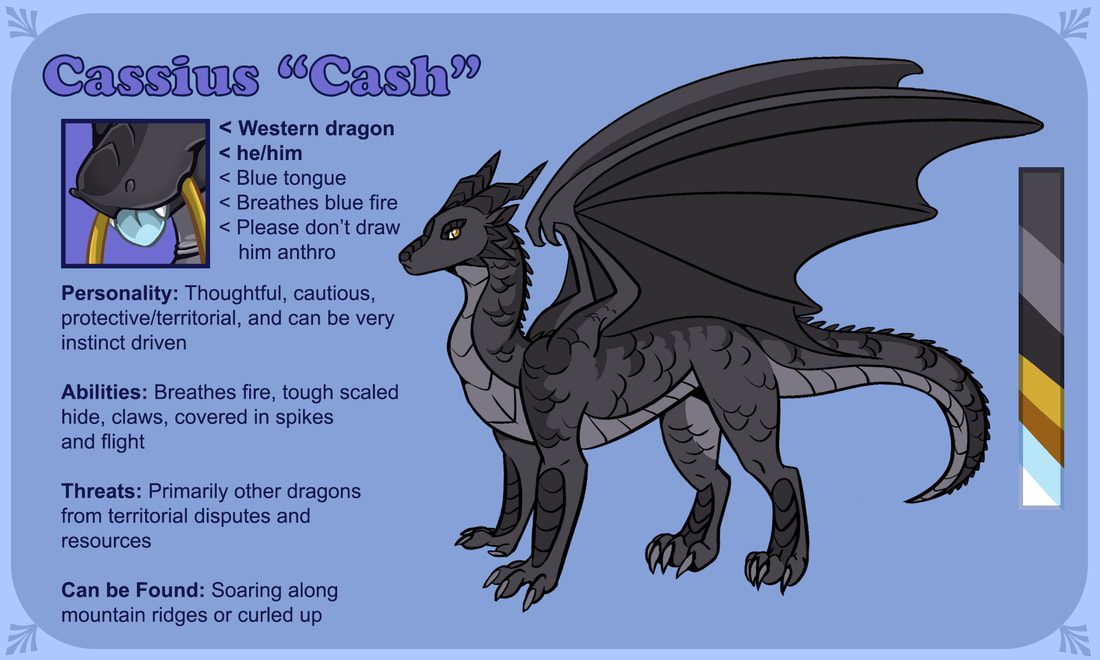 Reference sheet for Cassius - a black western dragon. He has large koi-like scales covering his body along with a tight row of back spikes, zig-zagging horns and small deer-like ears. His front legs end in hands with opposable thumbs while his back legs end in paws. Large leathery wings are partially held open over his back. A small close-up on the side shows off his blue-tongue sticking out from between his fangs.
