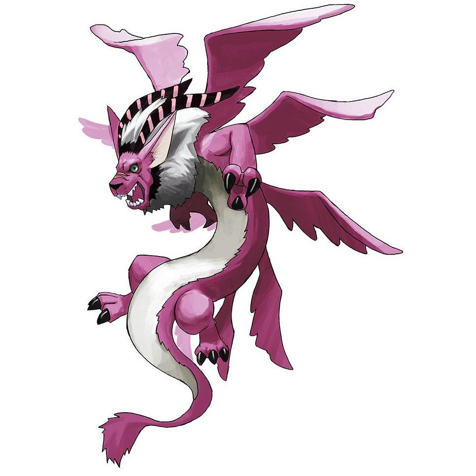 Official artwork of the digimon holydramon x - a pink-furred noodle dragon with 10 feathered wings and a lion-face.